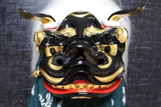 国産獅子舞 黒塗 宇津 一尺 カスタムしゃぐま毛 一式セット 上巻毛緑