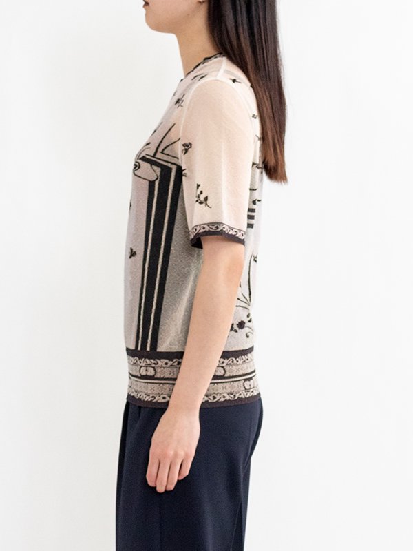Nature Pattern Sheer Knitted Crew Neck Top-ネーチャーパターン
