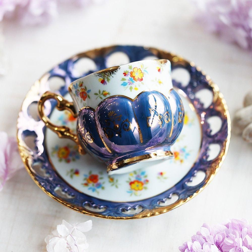 レトロ金彩花柄青色カップ&ソーサー - 海福雑貨通販部