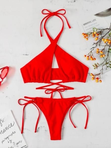 大特価】レッド 無地 シンプル クロスストラップ カットアウト