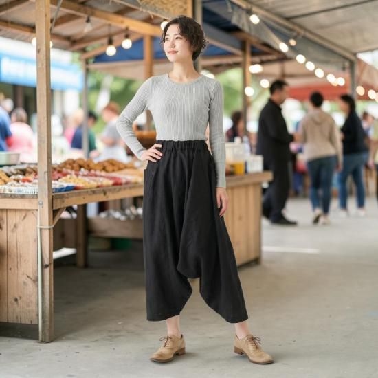 サルエルパンツ | フレンチリネン | ブラック - 自然素材服 Takane