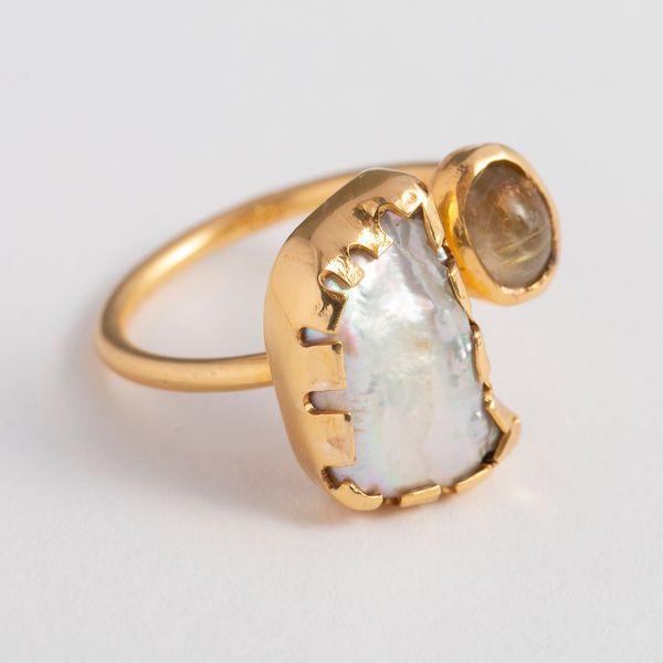 teRRam/2石リング ルチルクォーツ×パール -太い指にも似合う！トルコの