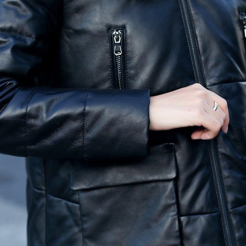 Genuine Leather Jacket Women Faux Fox Fur and Hooded – Inland