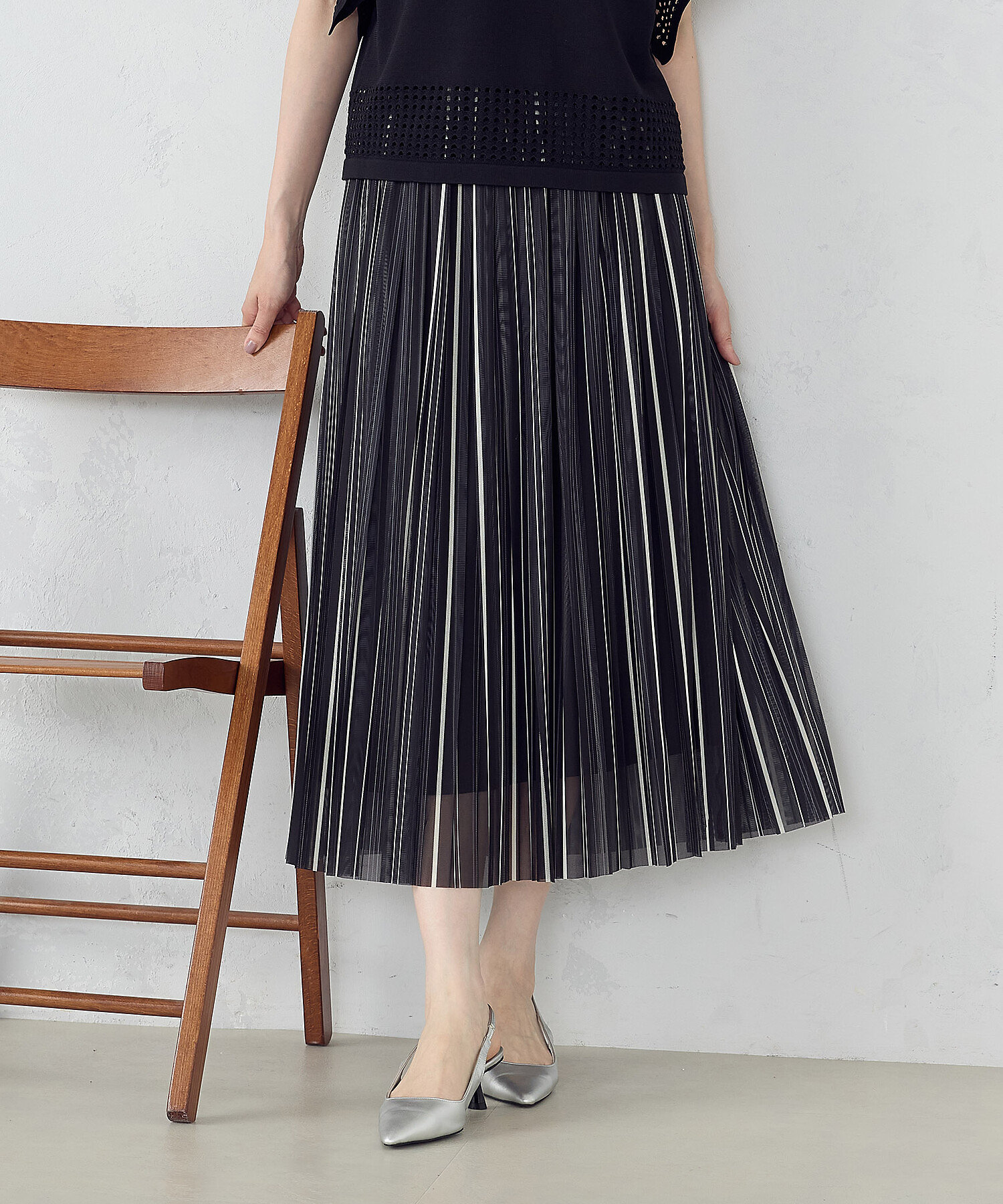 モノトーンストライプ チュール プリーツスカート（1250FG07