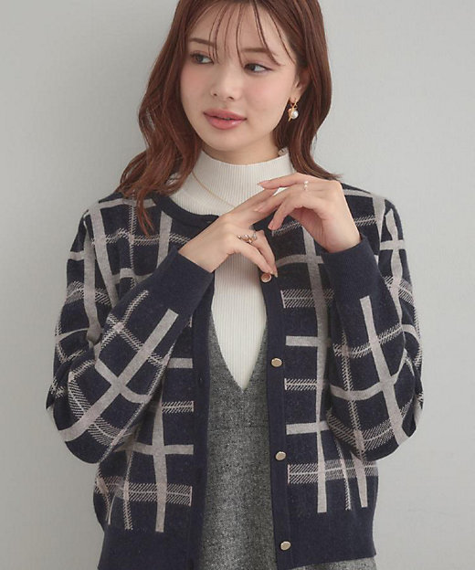 大人可愛い・通勤】チェックジャカード ニットカーディガン