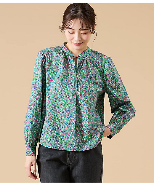 L】リバティ アバサン・スポット スタンドカラーリボンブラウス