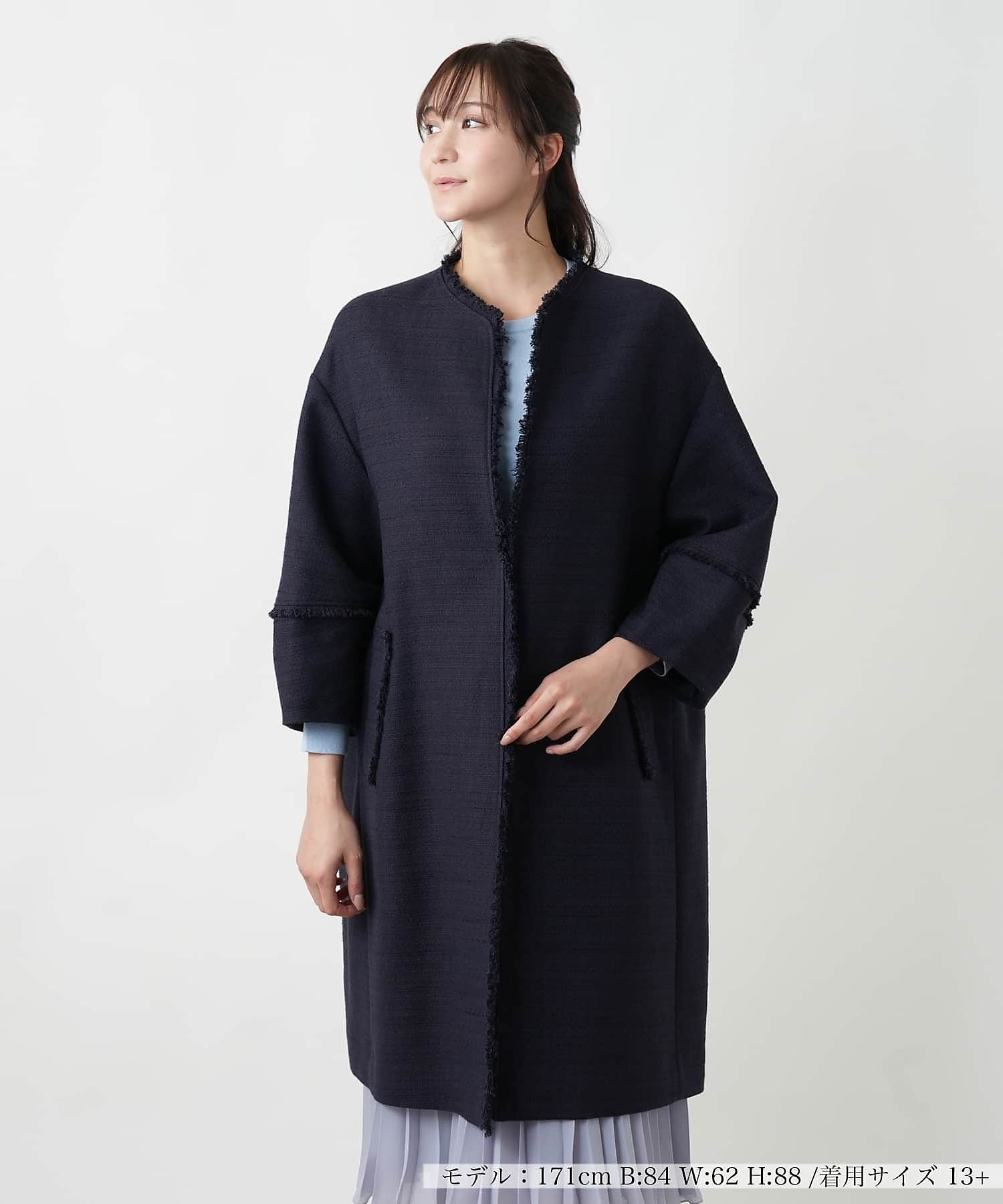 美品 PRADA ツイード ロングコート ビジュー ノーカラー ブラック