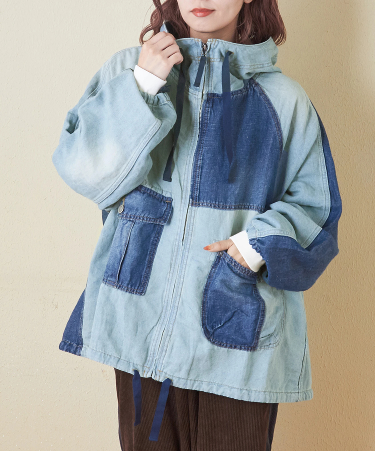 冬クリアランス】スラブ デニム ラグラン パーカー ジャケット