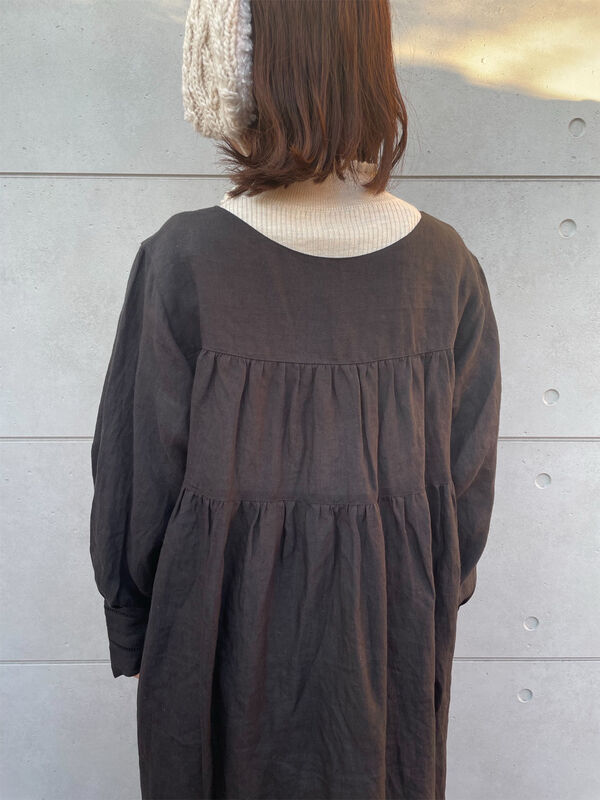 立川店/EC限定】リネンハンドカバーギャザーワンピース（ブラック