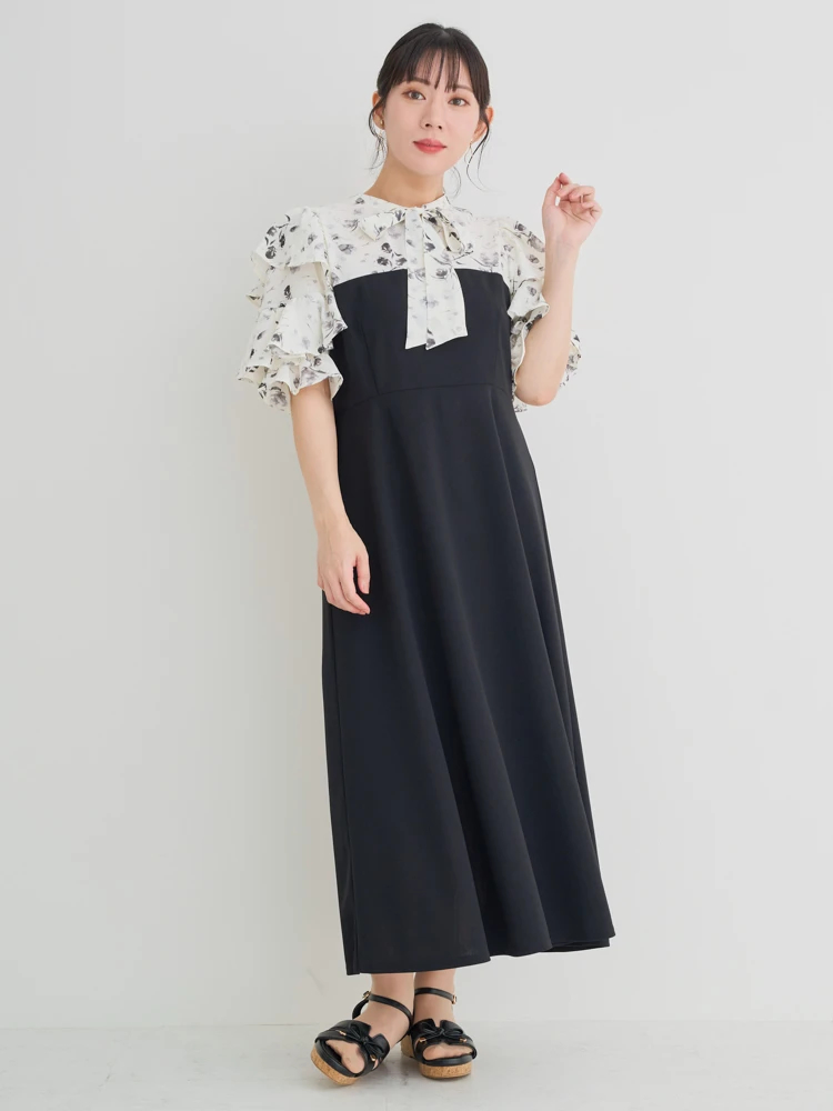 ボンポワン 12a 花柄フリル付き長袖ワンピース ボンポワン ワンピース