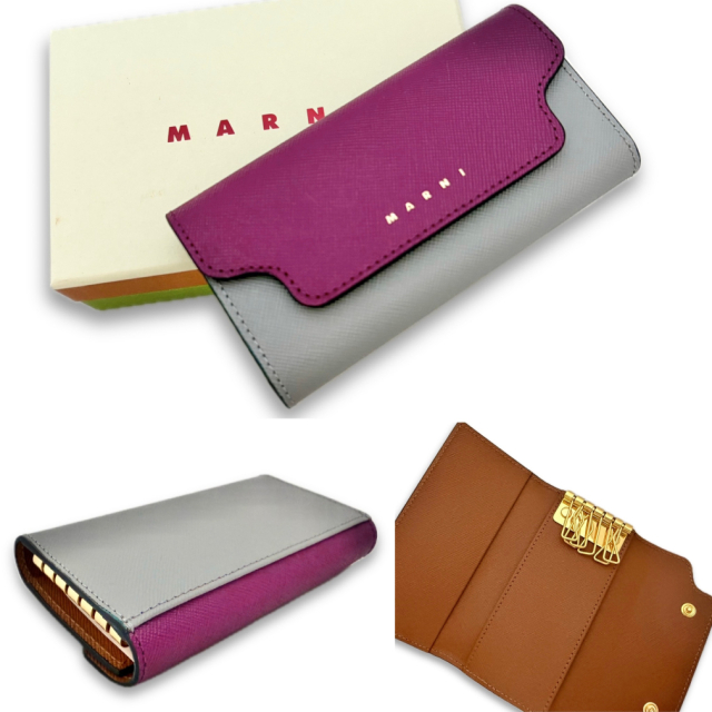 マルニ レザー バイカラーキーケース 紫×グレー MARNI