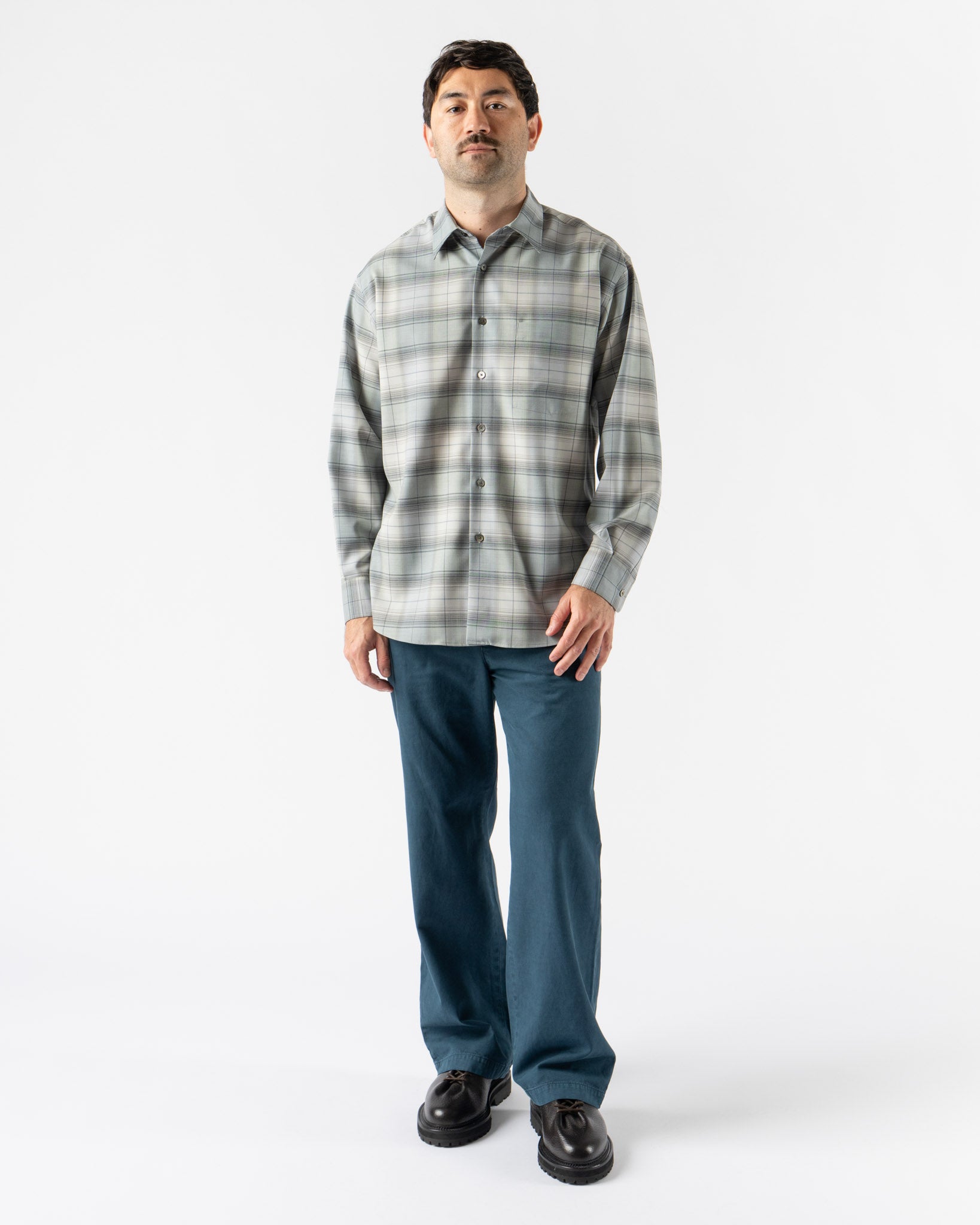 Auralee Super Light Wool Check Shirt in Blue Green Check Curated