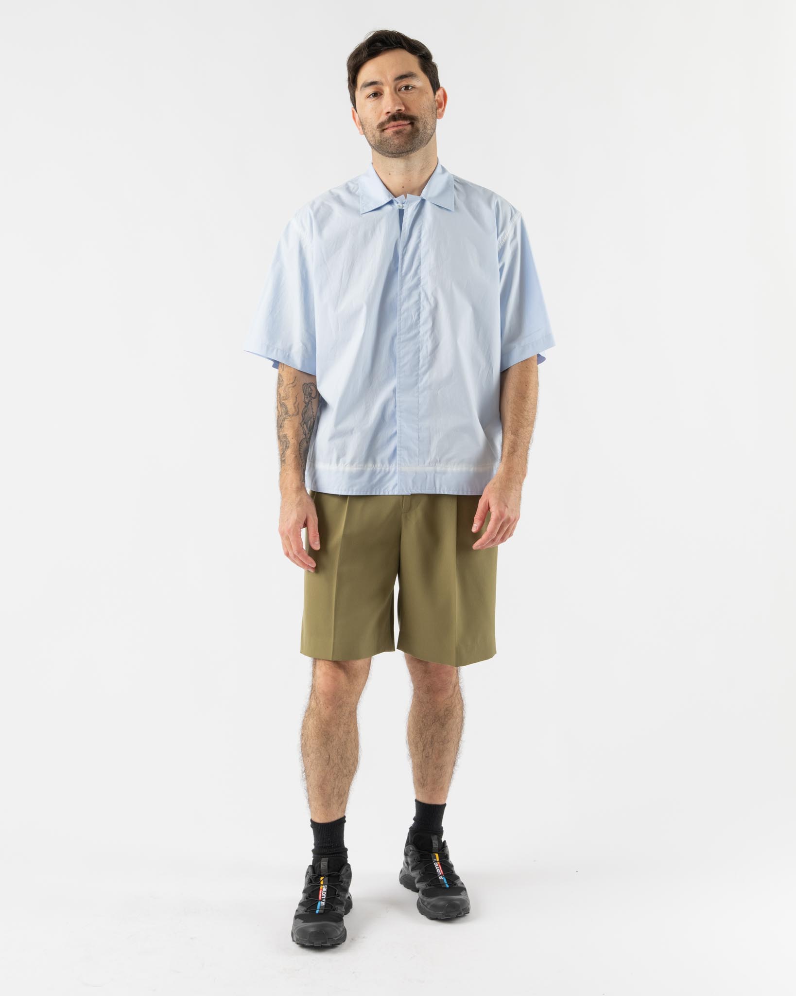 Auralee Light Wool Max Gabardine Shorts in Khaki Curated at Jake