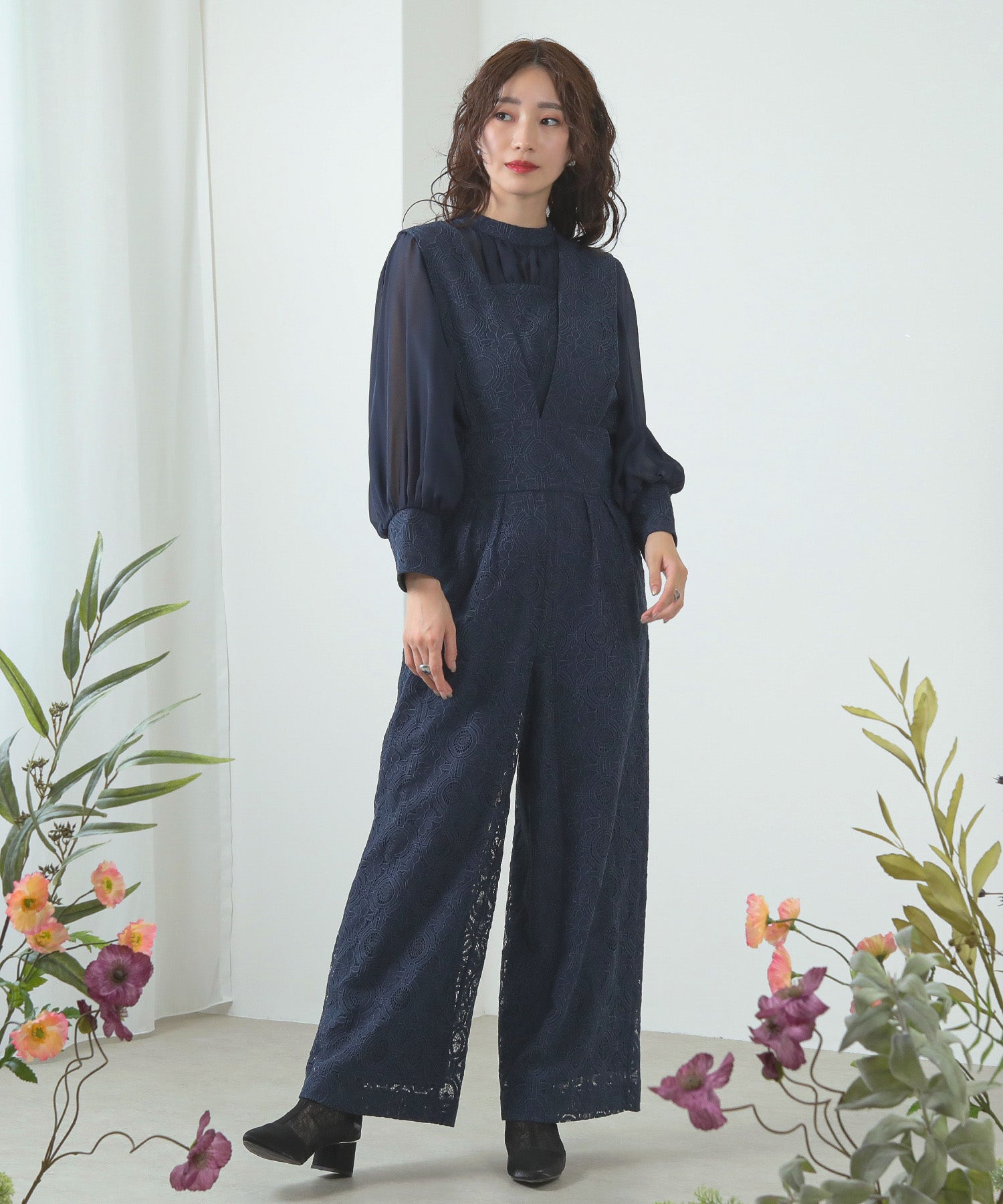 幾何学柄 レース セットアップ パンツ オケージョンドレス