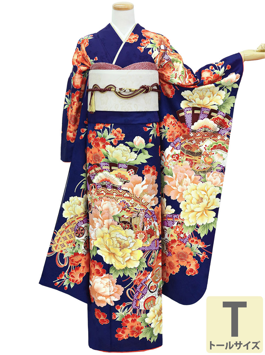 紺桔梗色に牡丹と檜扇文の振袖／トールサイズ | 宅配着物レンタルの