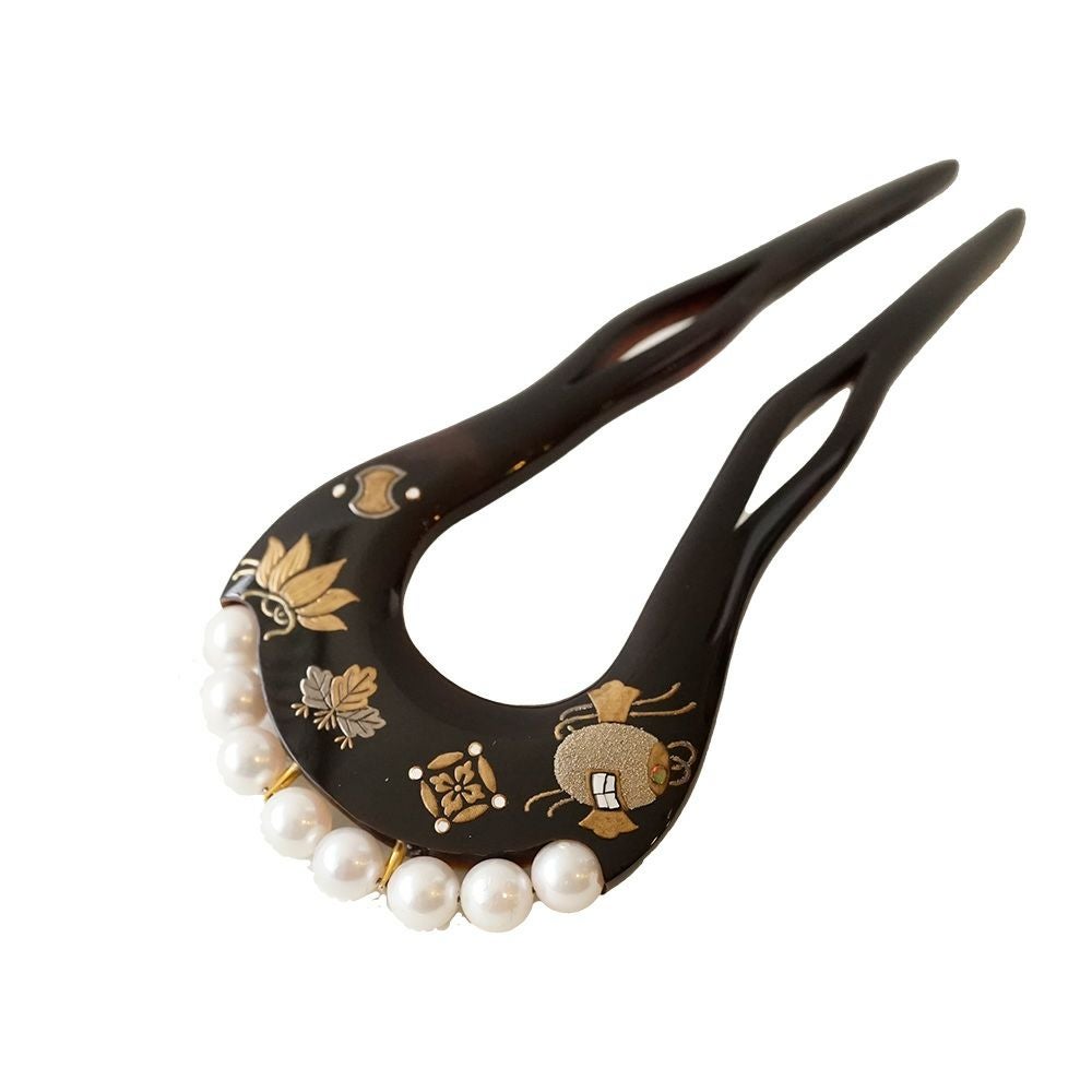 本漆純金蒔絵螺鈿かんざし 銀杏ピン 王朝文様（黒色） | かづら清老舗