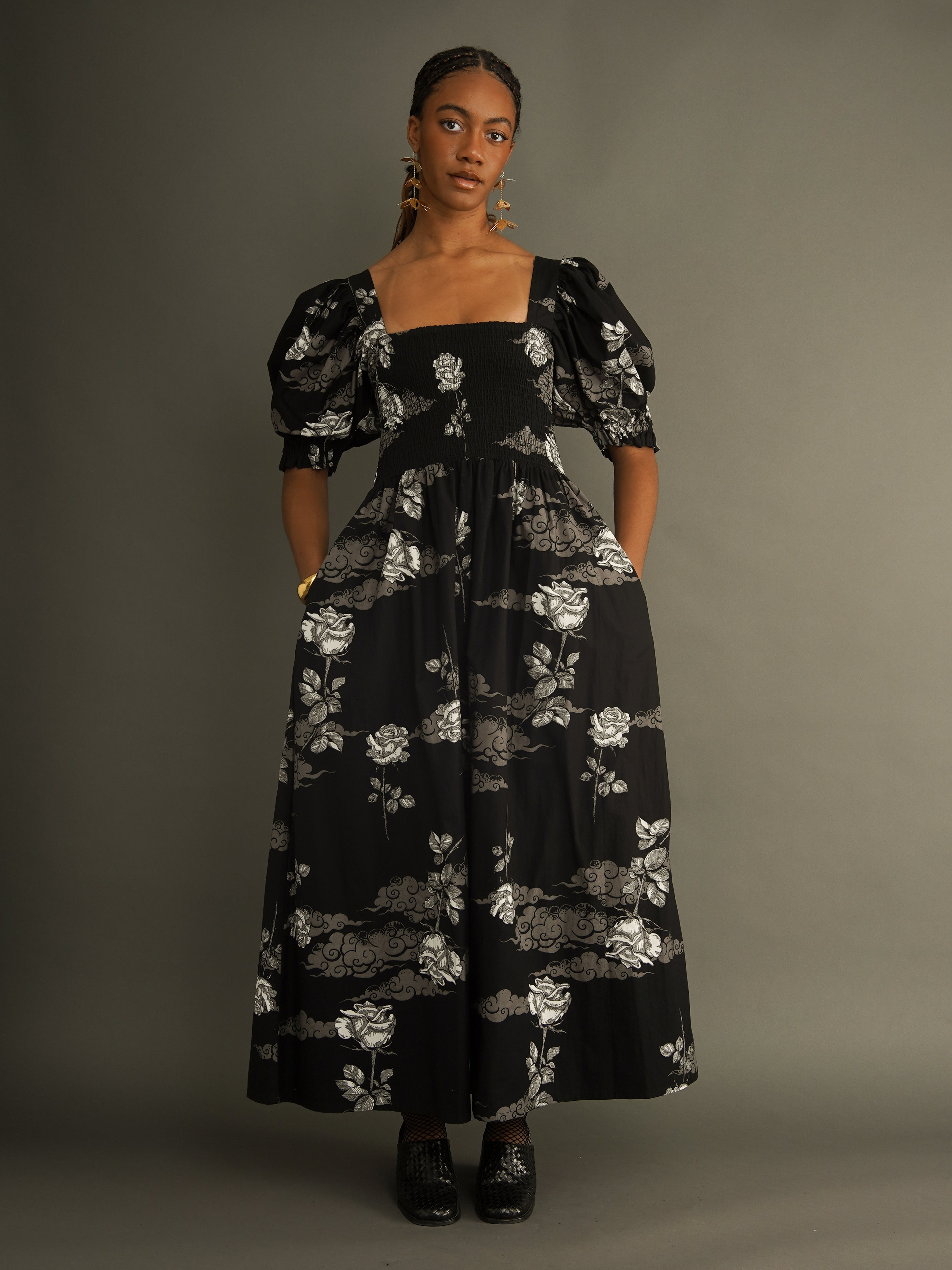 Smocked Cotton Maxi Dress with Puff Sleeves – Kemi Telford