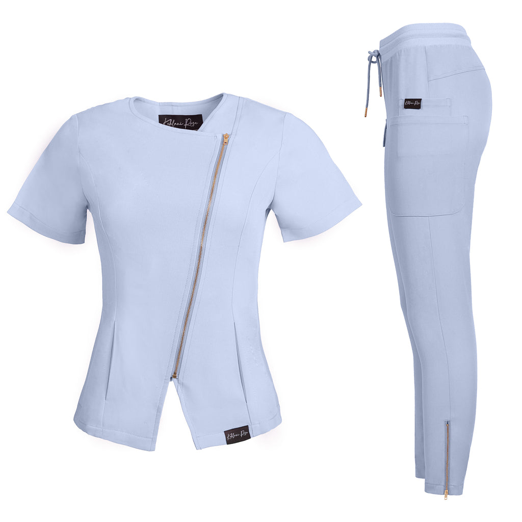 Light Blue Diagonal Zipper Scrub Top