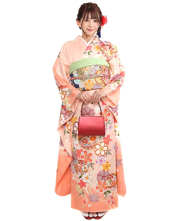 振袖レンタル｜サーモンピンクに桜と鞠｜F0433｜3L｜宅配着物レンタル