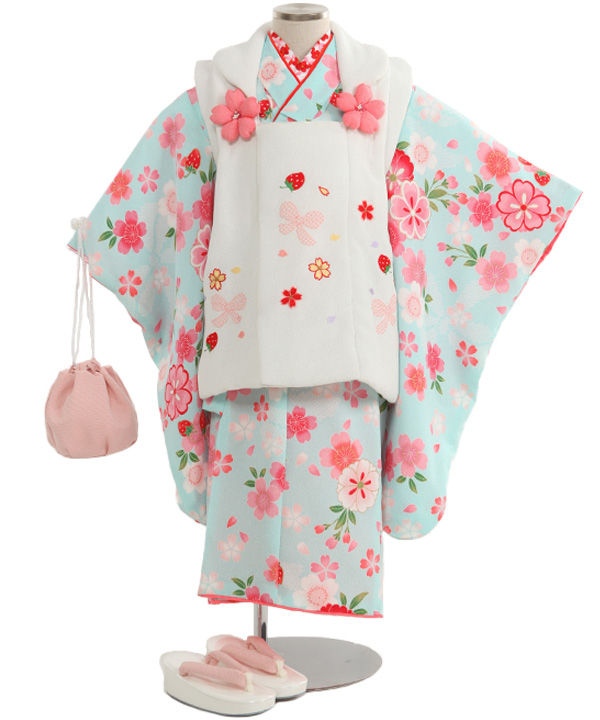 七五三(三歳女の子)着物レンタル｜桜柄の水色着物×白被布｜W-G-3-55