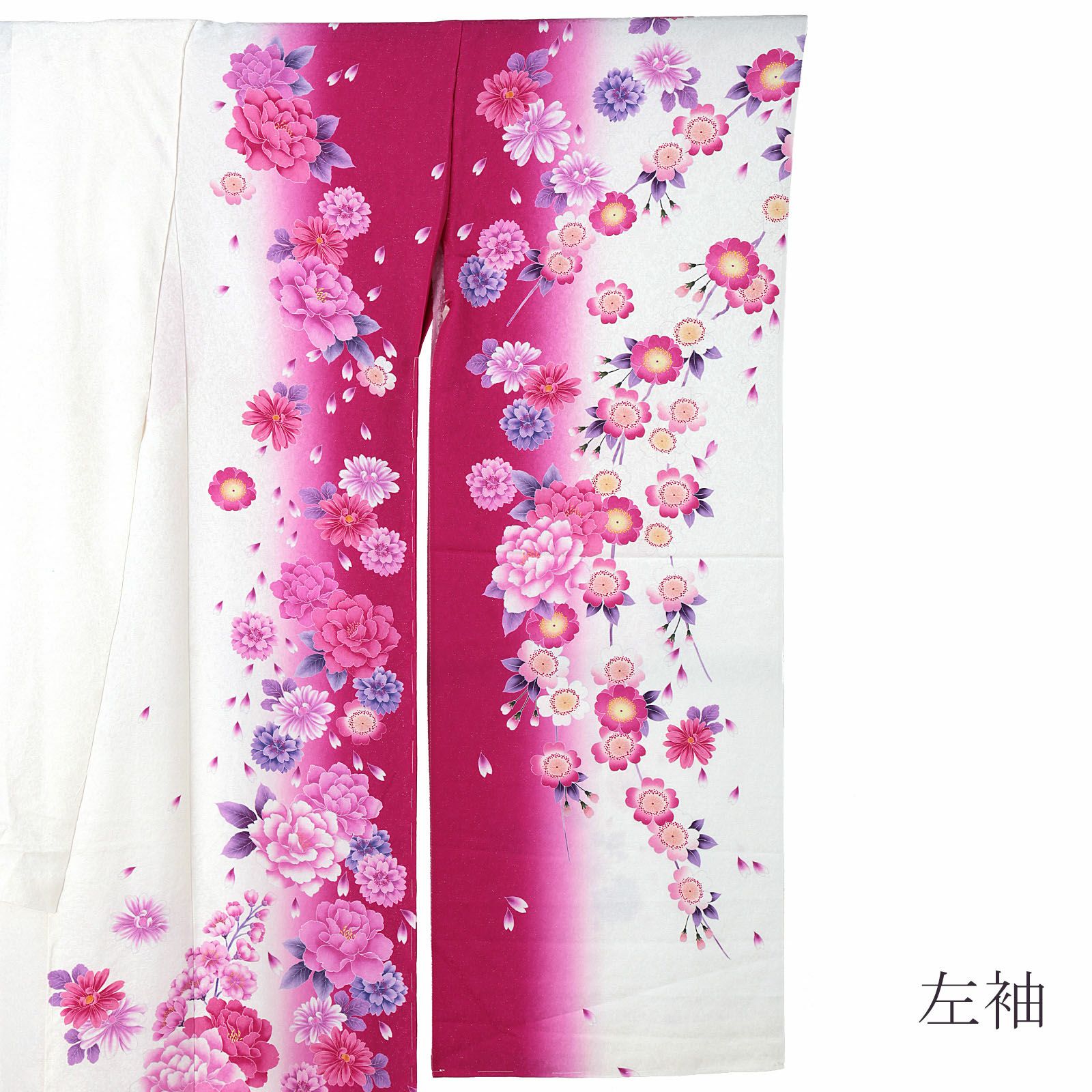卒業式応援Point10倍 3/5迄)未仕立て 振袖 単品 「白×赤紫 牡丹」 仮絵