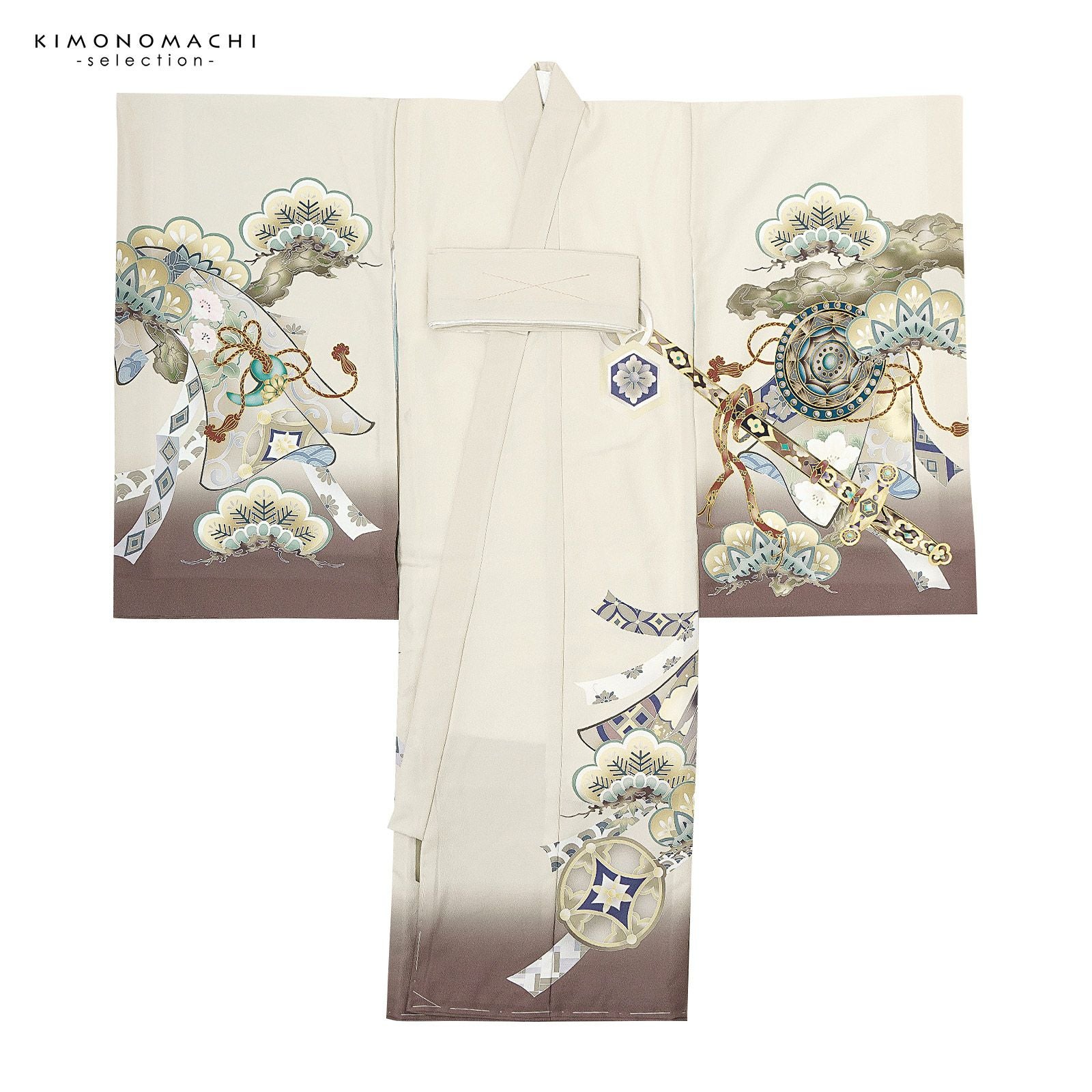 男の子のお宮参り産着 祝い着「クリーム色 三種の神器に獅子兜」日本製