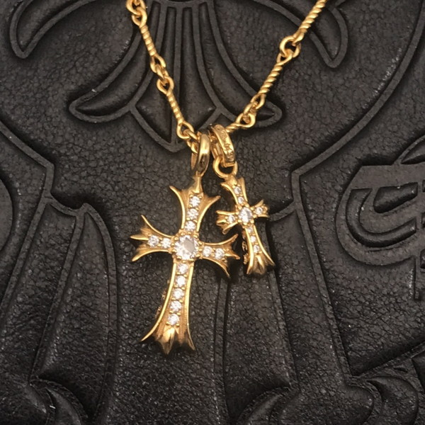 N級 Chrome Hearts SV925 Gold Stone Double Cross Necklace クロム