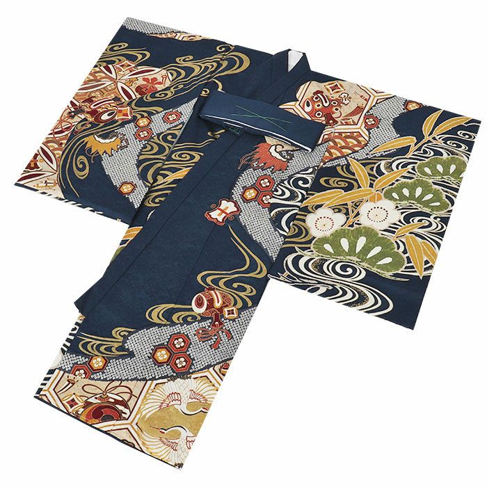 お宮参り 着物 男の子 産着 祝い着 紺 金 対い鶴 吉祥紋 向かい鶴 正絹