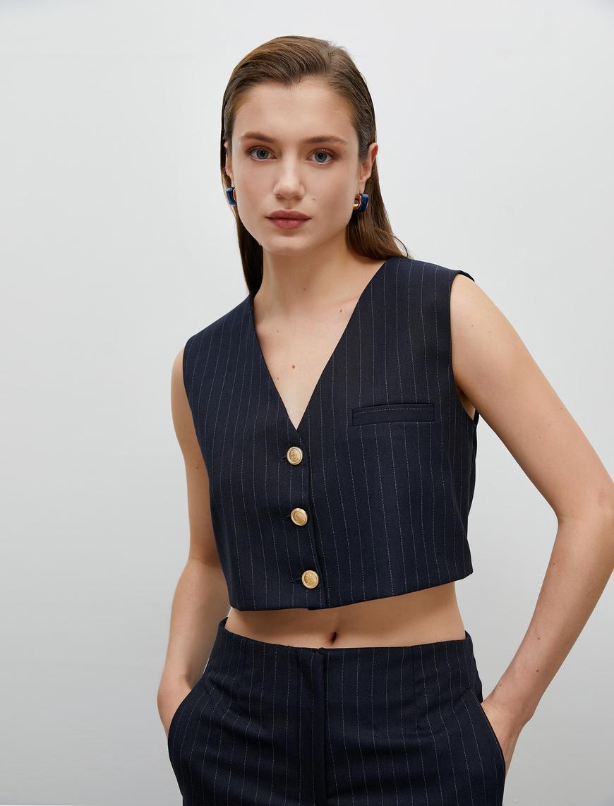 Lacivert Kadın Crop Yelek Gold Düğmeli V Yaka Cep Detaylı