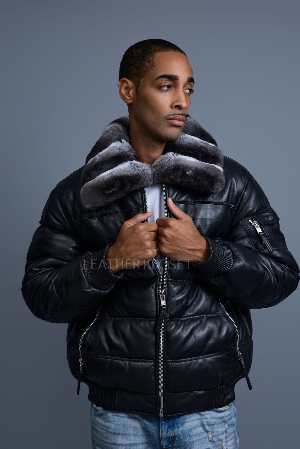 Men's Aspen Leather Bubble Bomber Jacket Chinchilla Collar