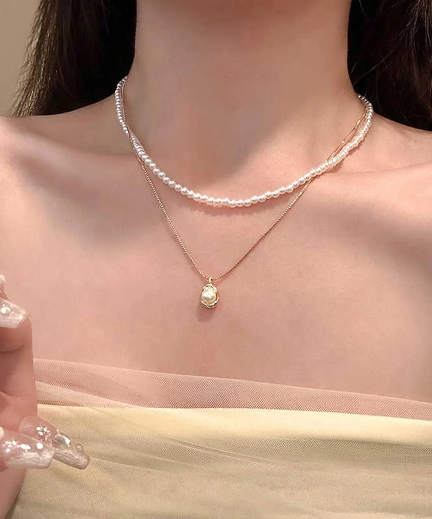 当日発送】パール二連チェーンネックレス