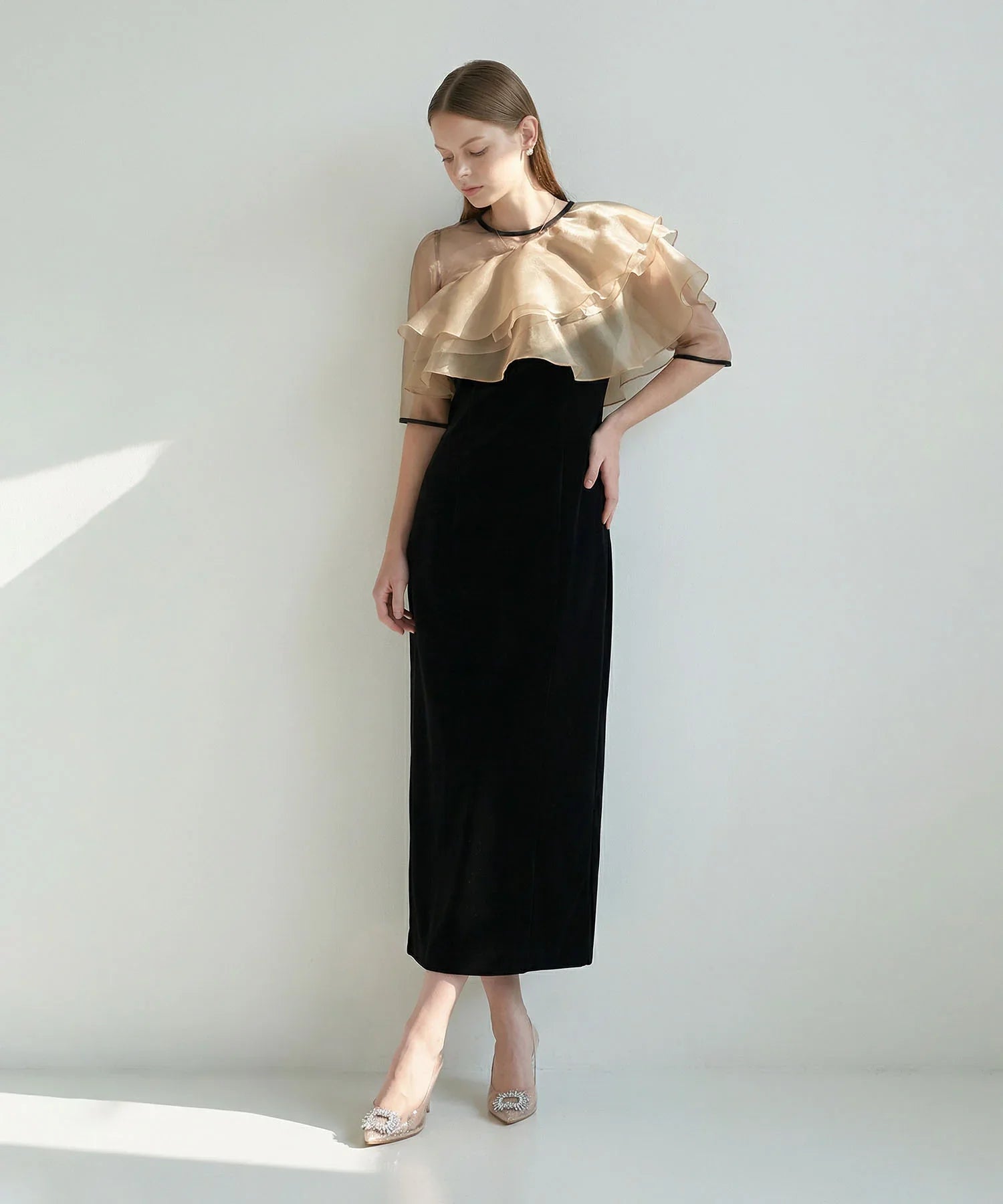 当日発送】アシンメトリーティアードフリル3WAYベロアワンピース結婚式