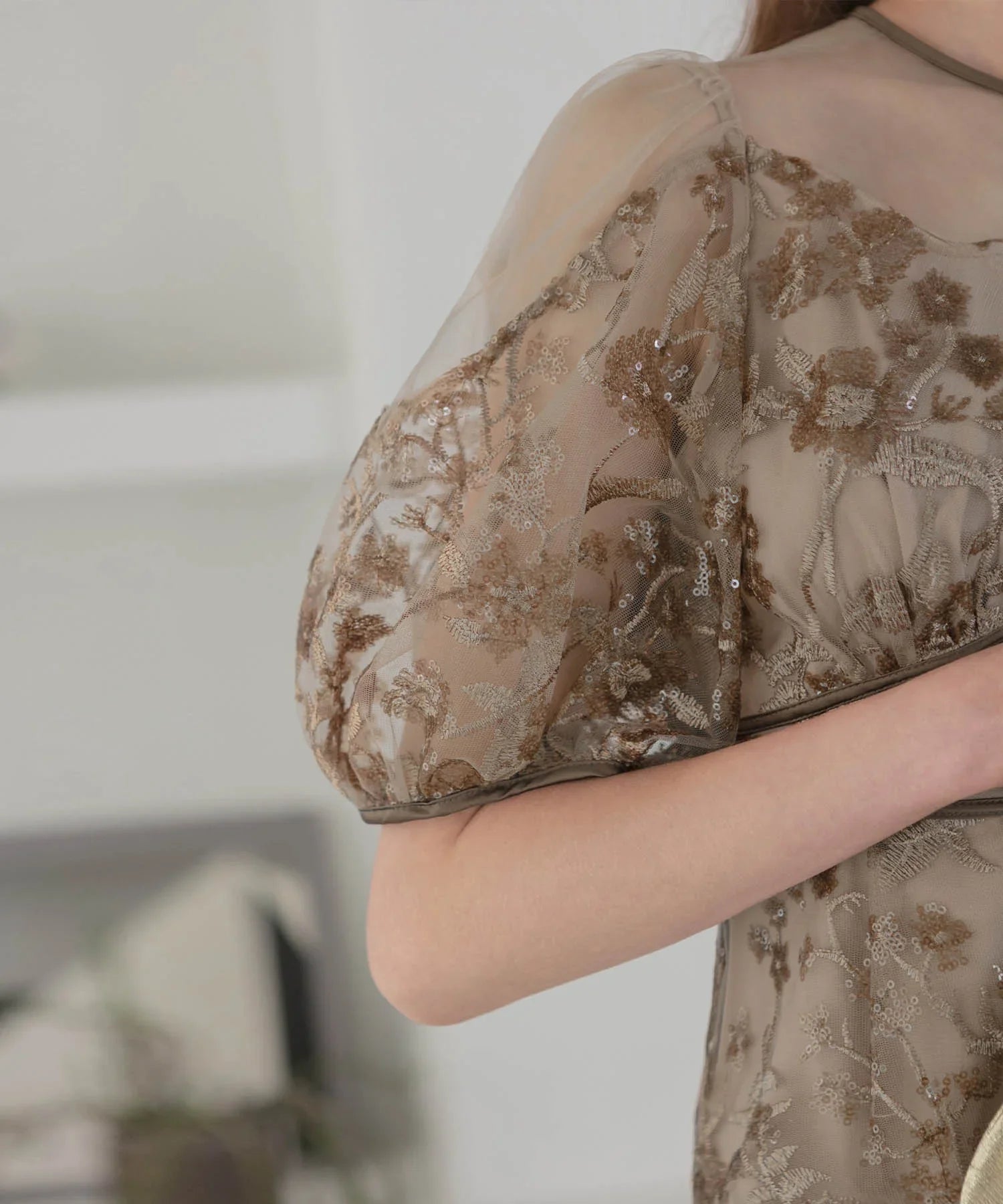 当日発送】フラワーディテールパフスリーブIラインワンピース結婚式ドレス