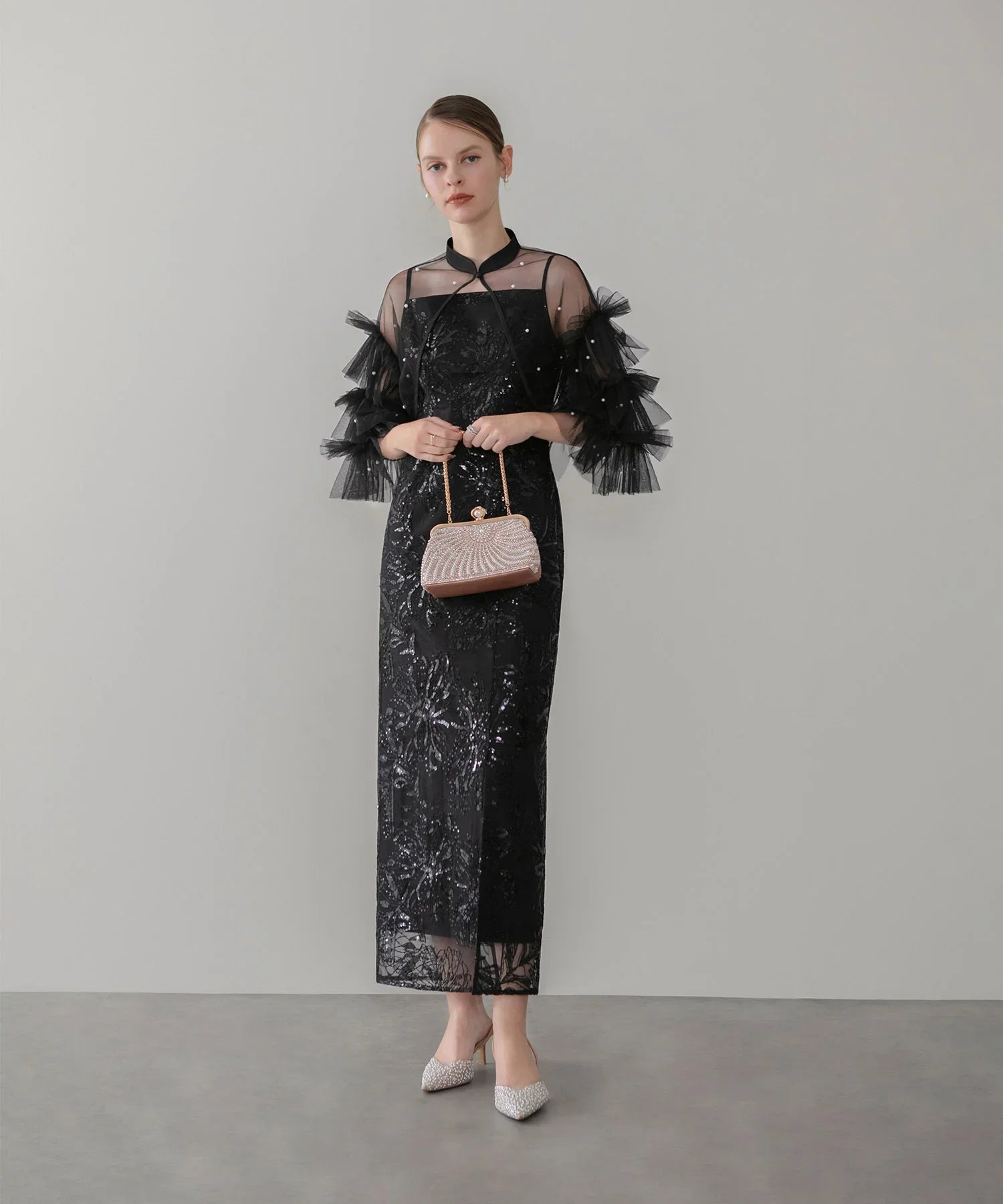 SOLD OUT】パールフリルチュールボレロレイヤードIラインワンピースドレス