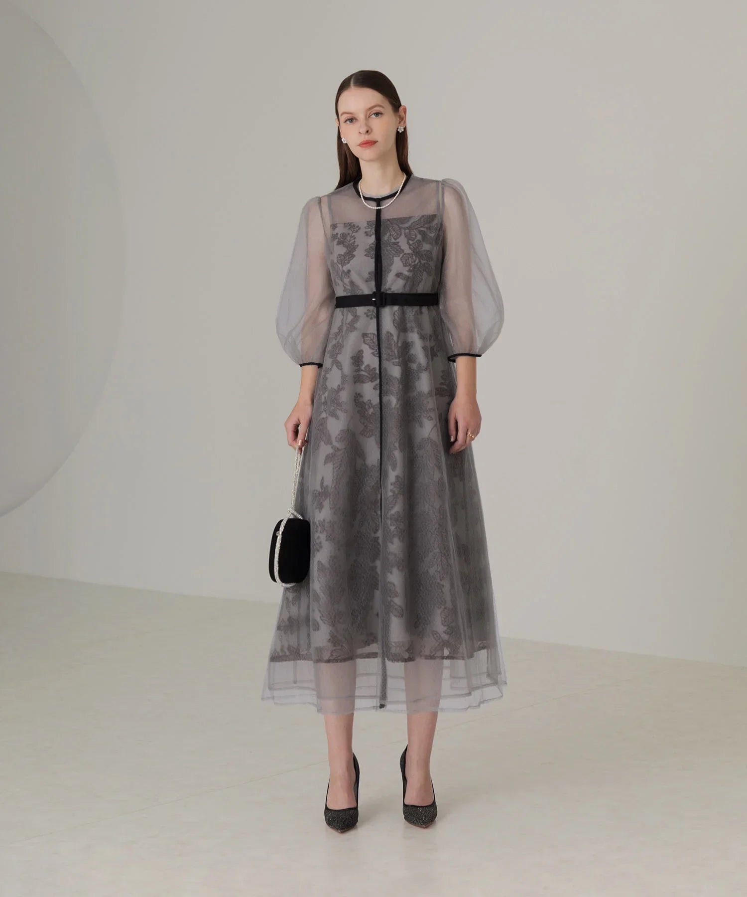 当日発送】チュールパイピングリーフベルトAラインドレス/パーティー