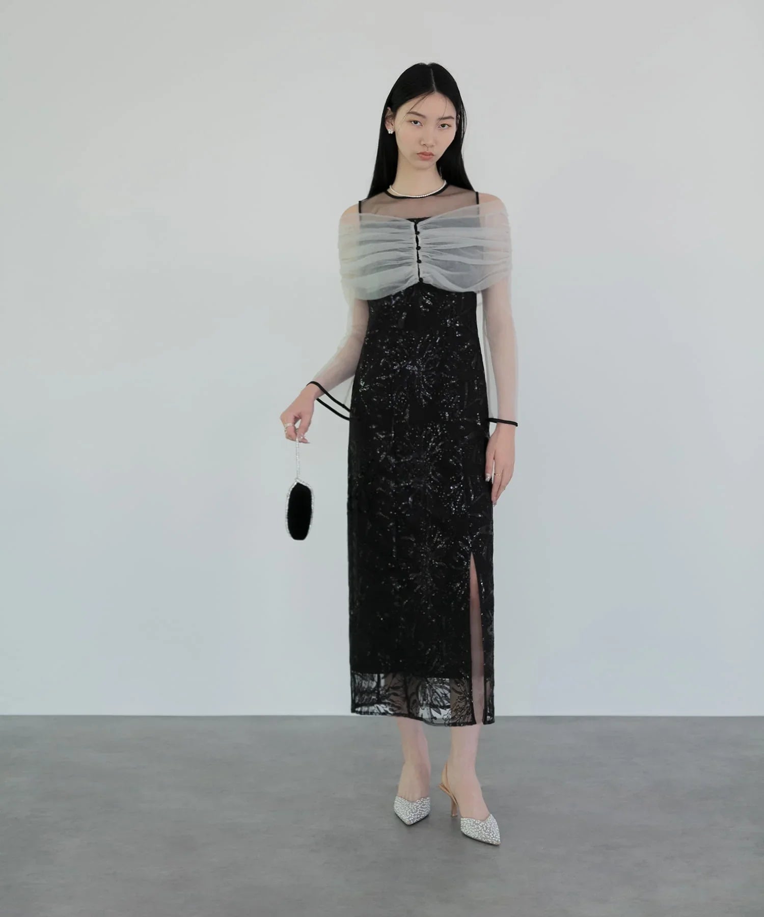 一部当日発送】チュールオフショルダー花柄Iラインドレス/パーティー