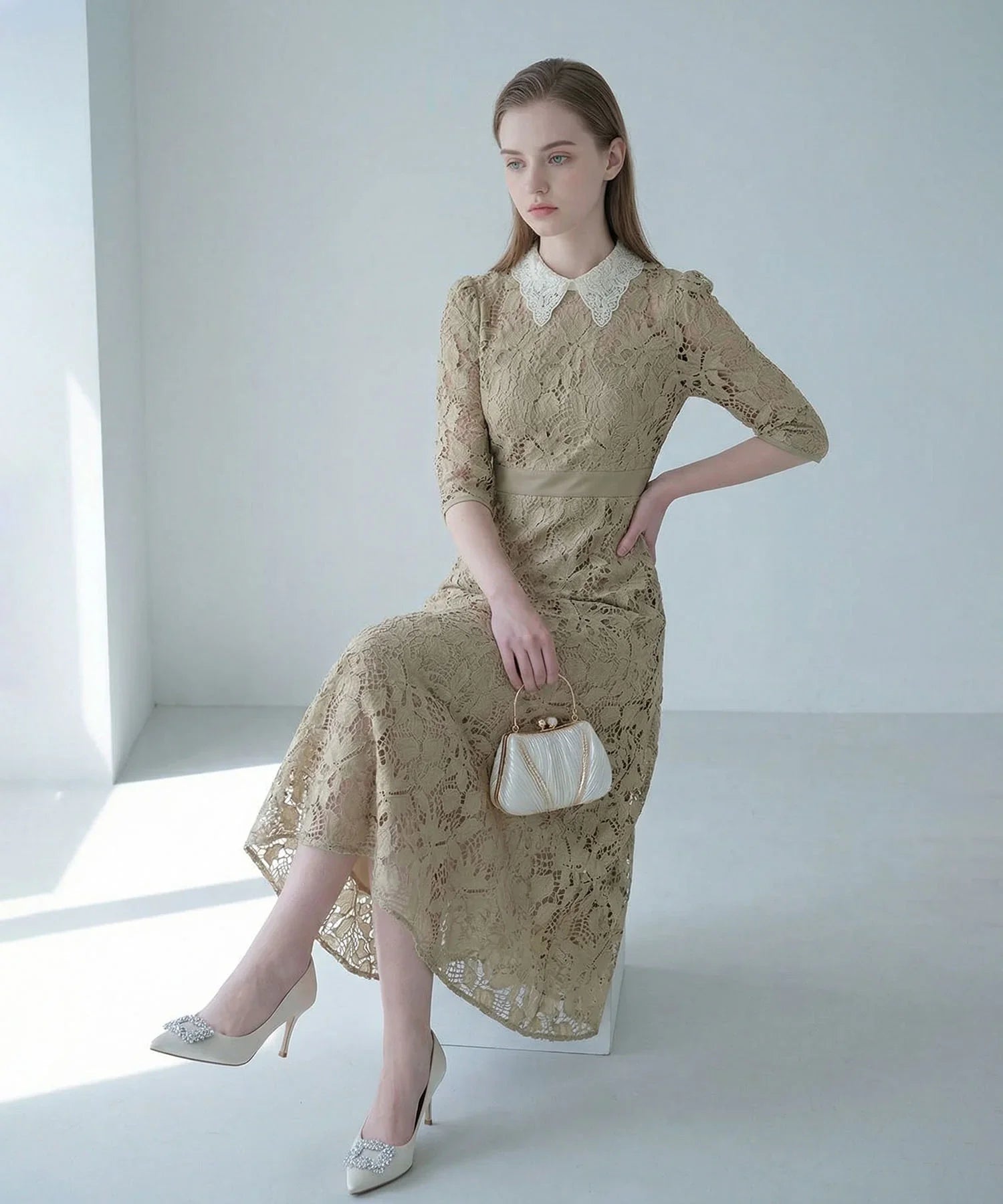 一部当日発送】花柄レースビジューカラーAラインワンピース結婚式ドレス