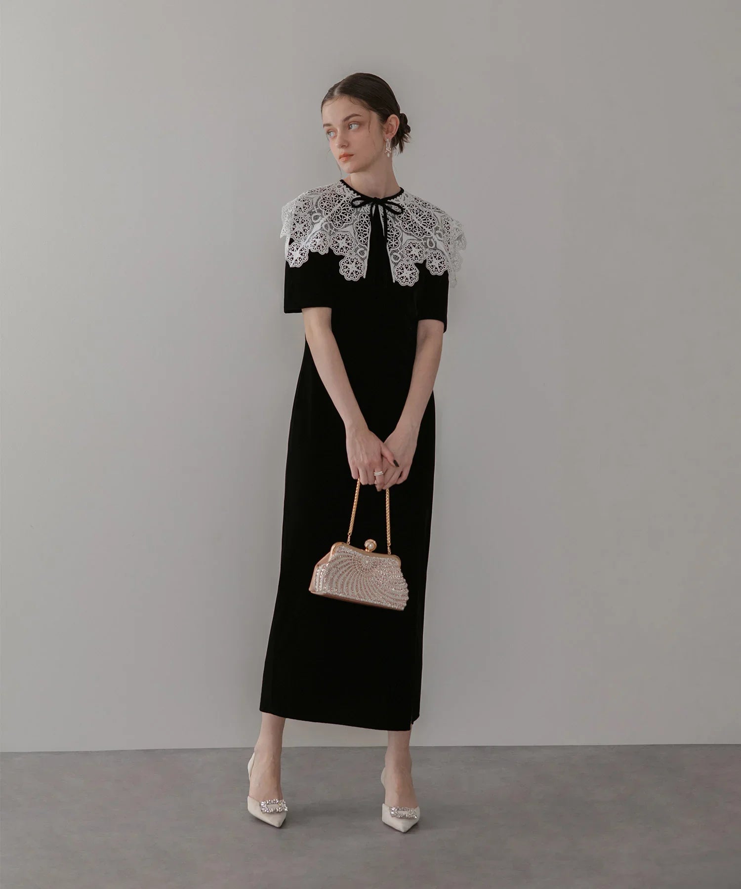 当日発送】レースカラーベロアIラインワンピースドレス