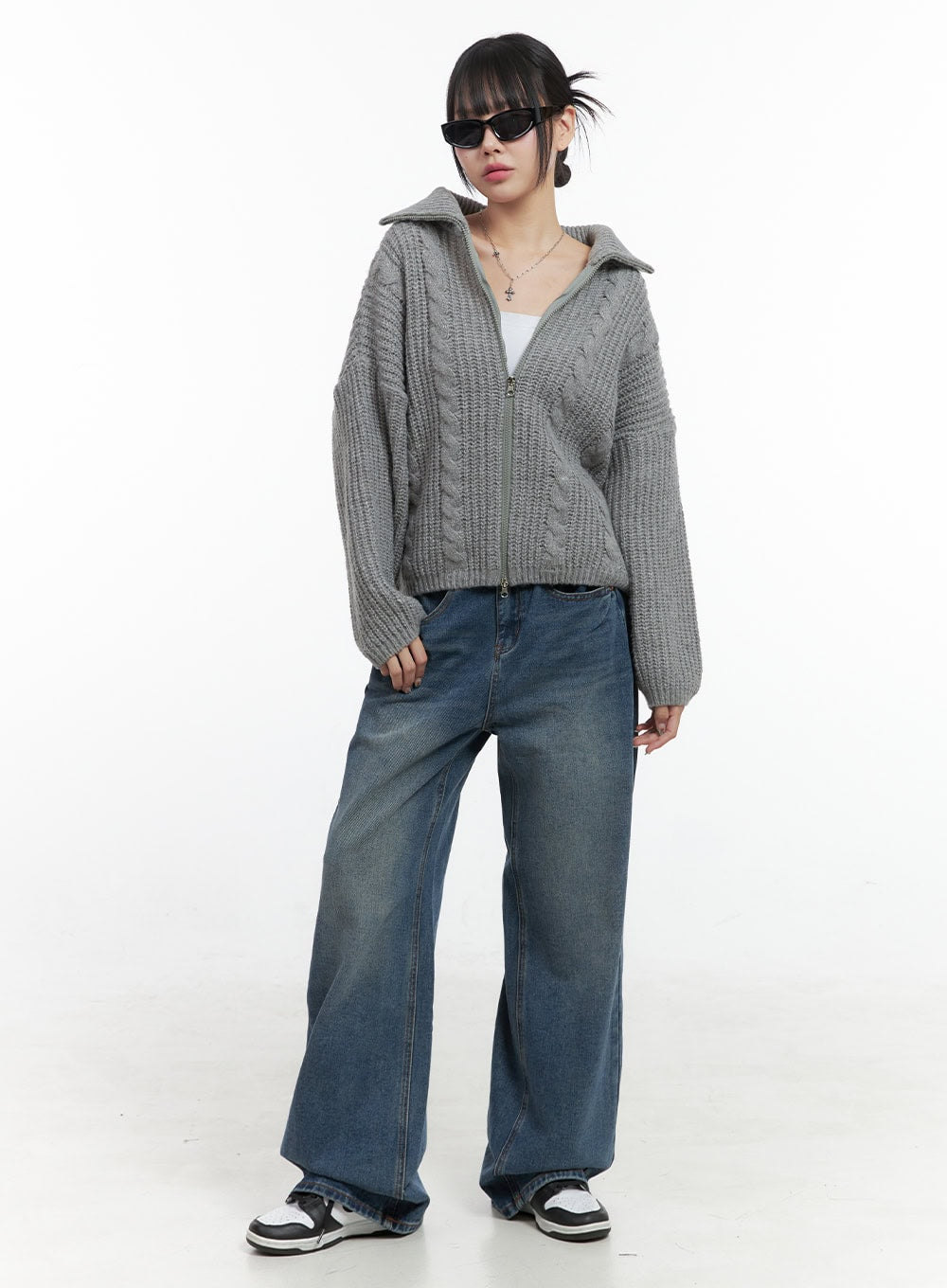 Oversized Cable Knit Zip-Up Sweater OS410 - Korean Women's Fashion