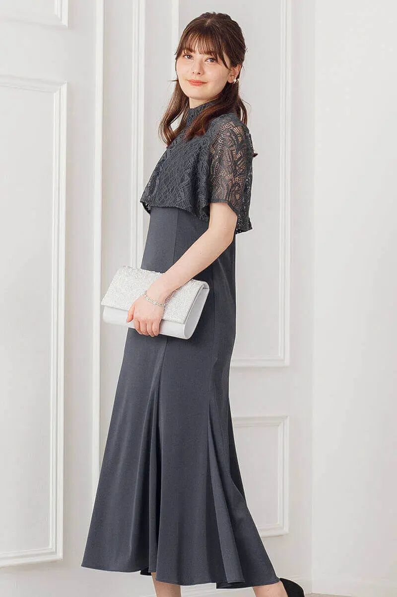 アッシュネイビーのレースボレロ付きマーメイドドレス | Dorrydoll | M