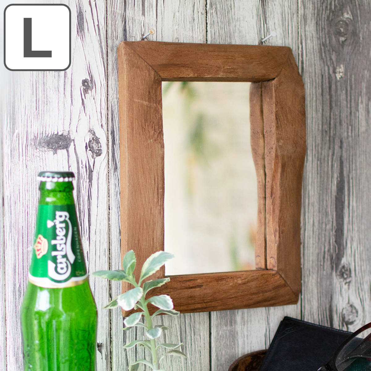 ミラー 幅33cm 廃材 ウッドミラー 木製 （ 鏡 壁掛 Lサイズ ウッド