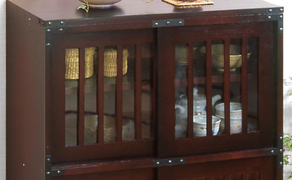 キャビネット 民芸調 格子デザイン 引き戸収納 幅67cm （ サイドボード