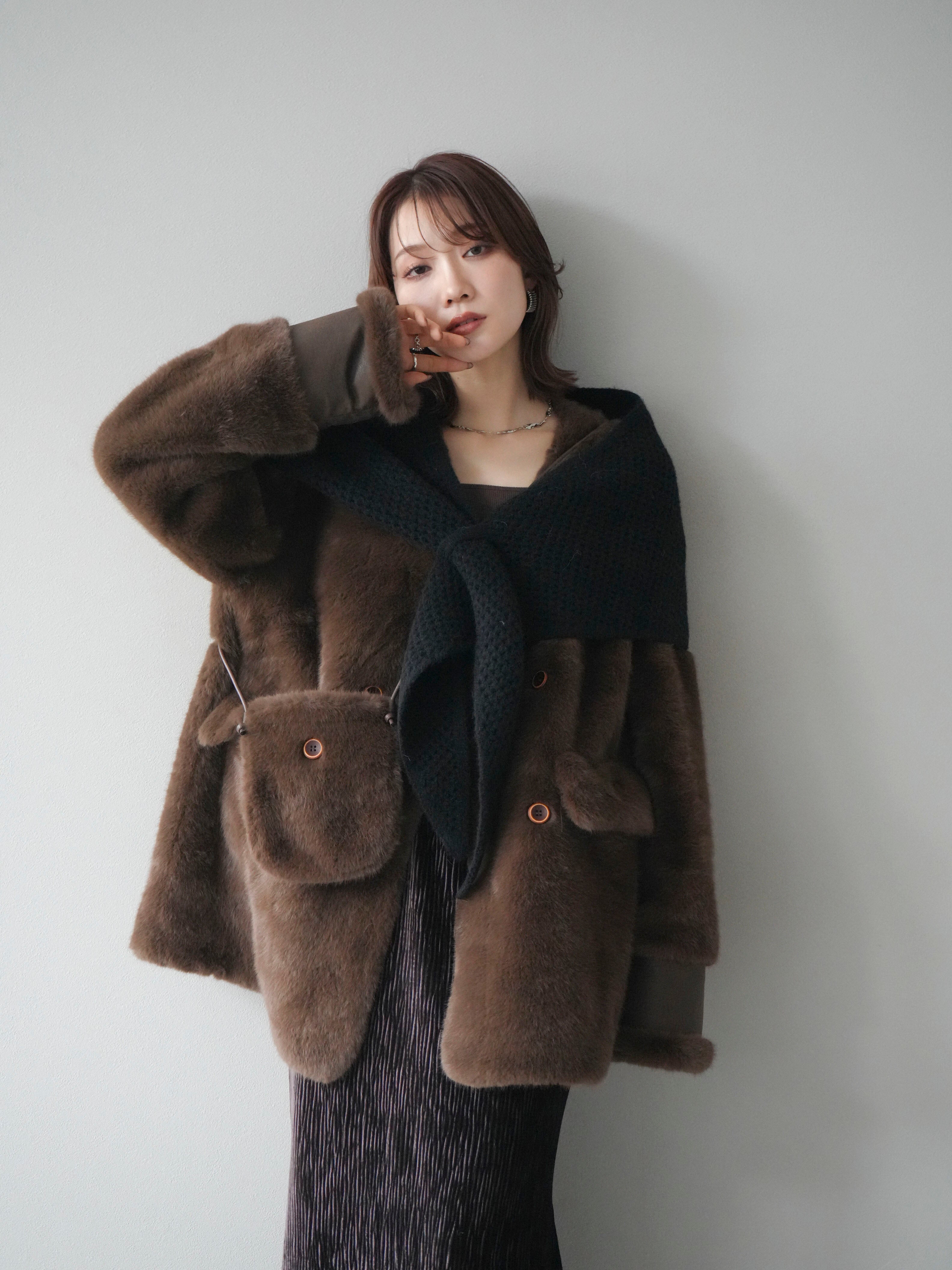 SET]バッグ付エコファーノーカラーコート+選べるアクセセット(2set