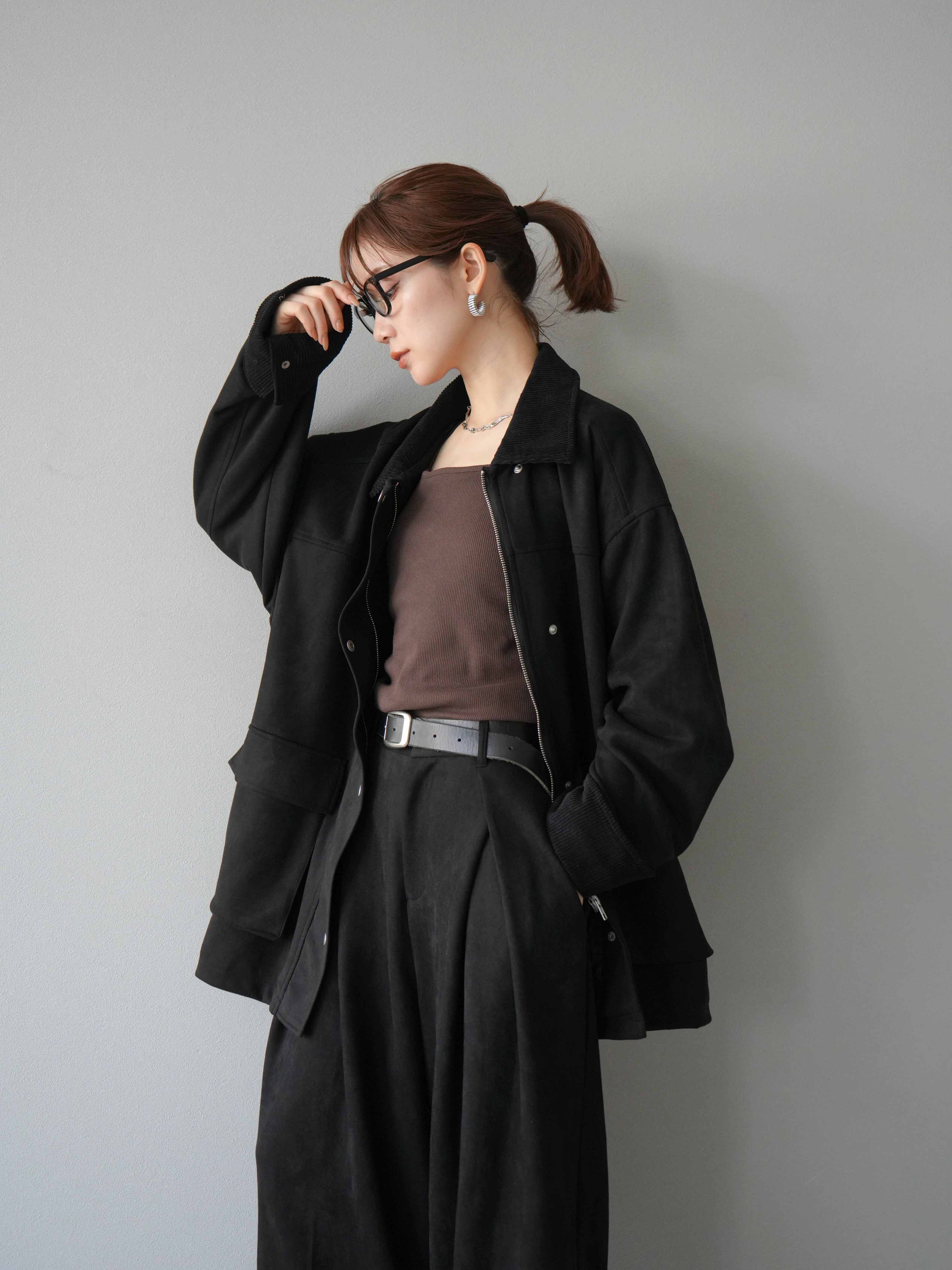 予約]コーデュロイ襟スウェードミドルジャケット /ブラック – Lumier