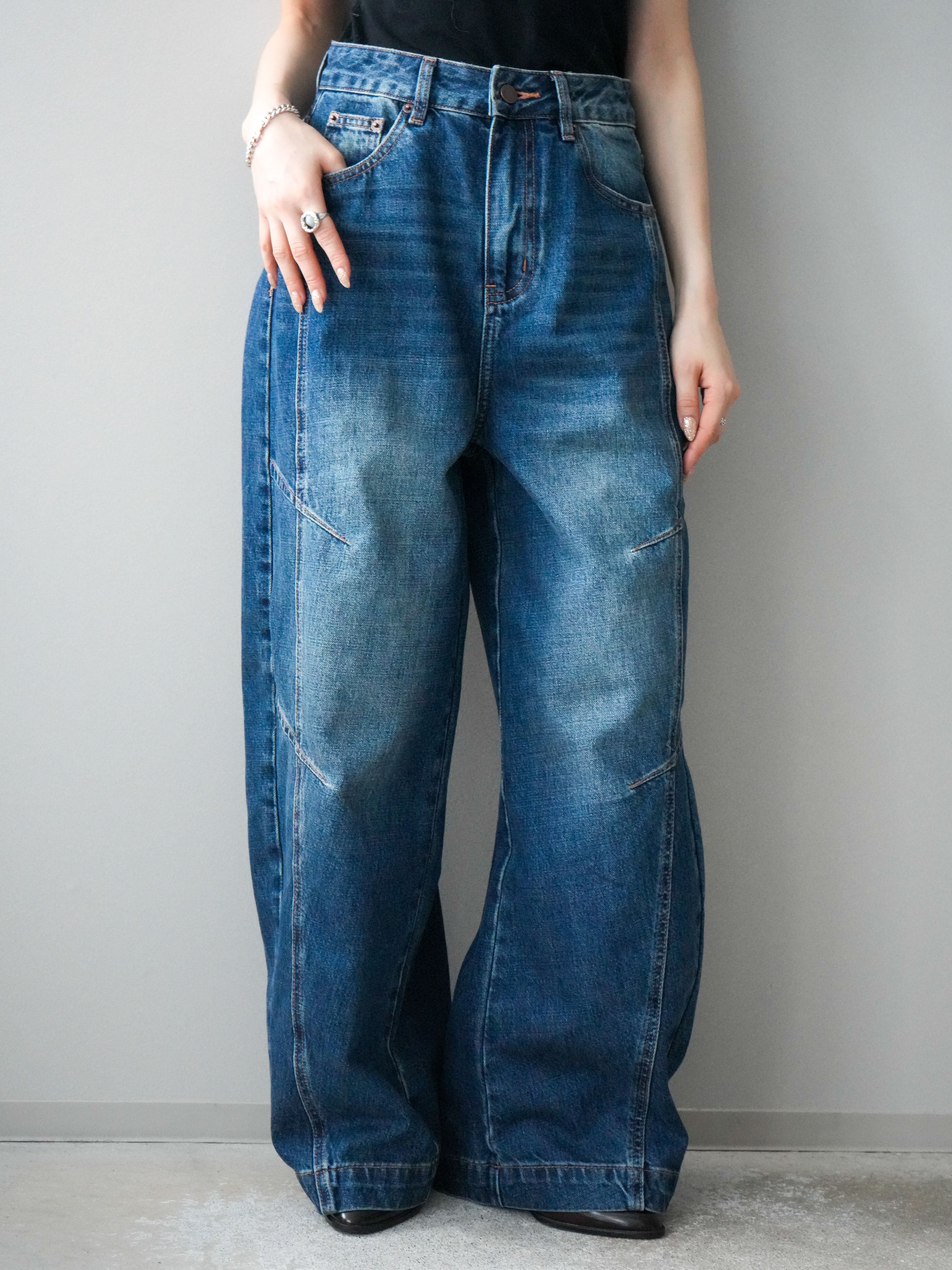 予約]デザインステッチカーブデニムパンツ/navy – Lumier