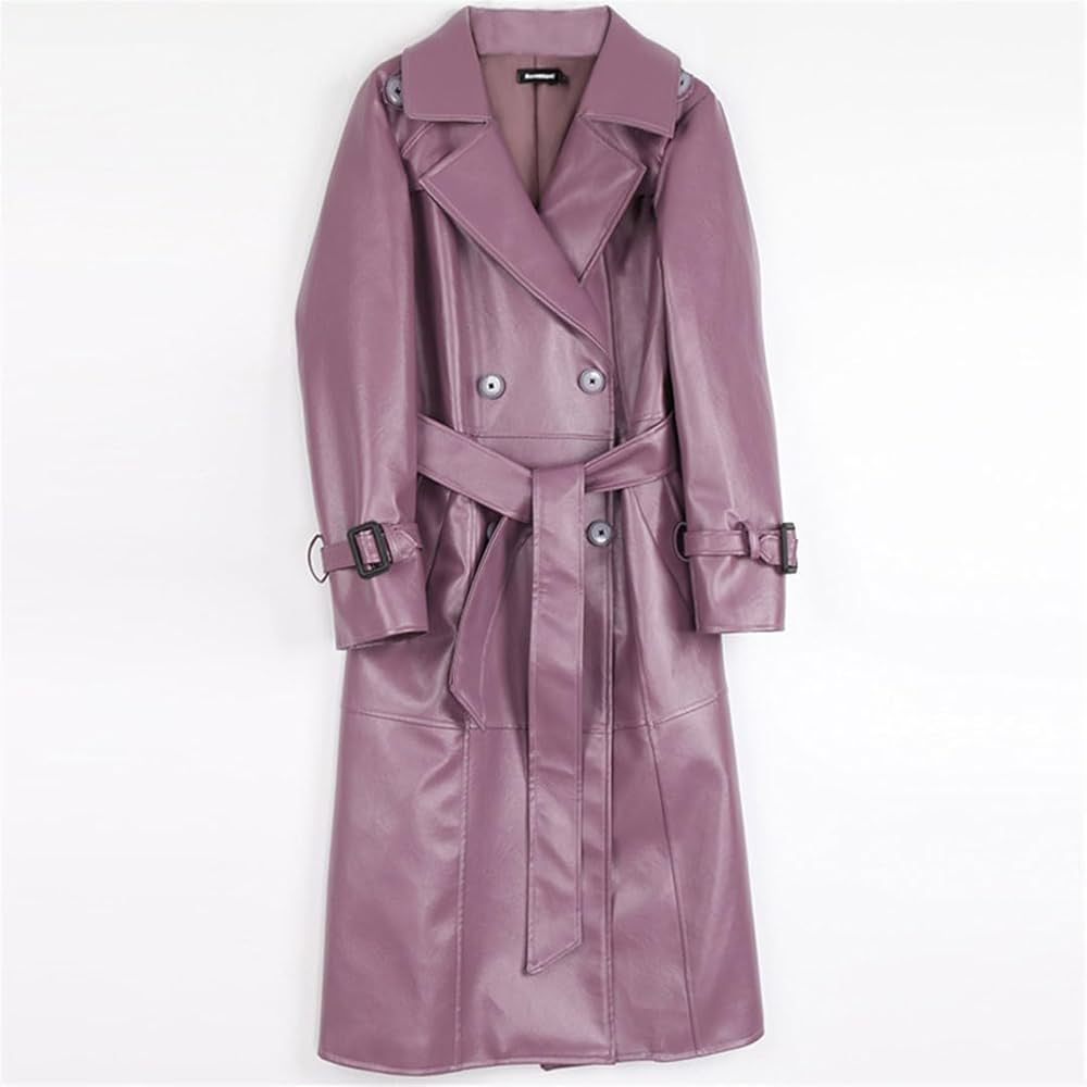Amazon.co.jp: 秋紫黒ロングレザートレンチコート女性のための長袖