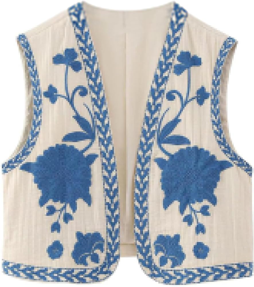 Meihuida Women Embroidered Vest Top Y2k Vintage Open Front Floral