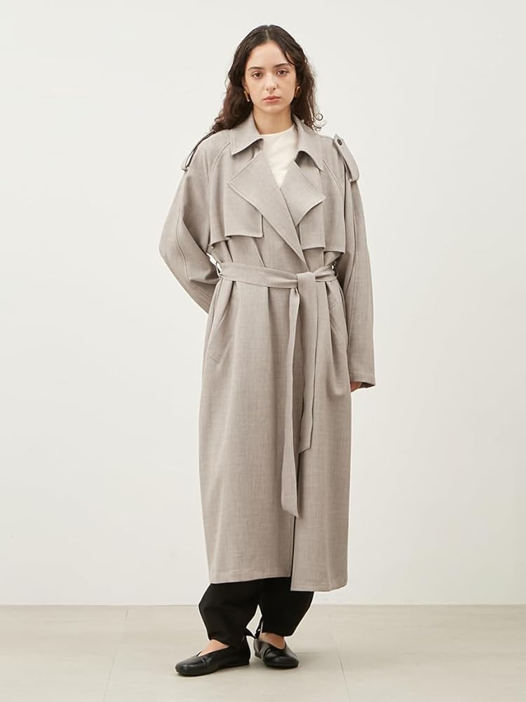 Amazon | [ミラオーウェン] 共ベルト付麻調肩章デザイントレンチコート
