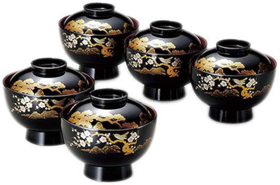 Amazon.co.jp: フタ付き雑煮椀 5客セット 山水蒔絵4.0雑煮椀揃 黒内朱