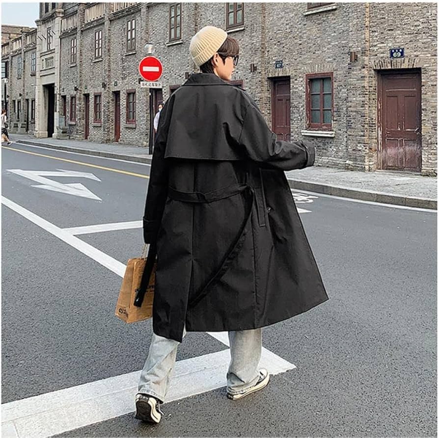 Amazon.co.jp: トレンチコートメンズソリッドダブルブレストサッシュ